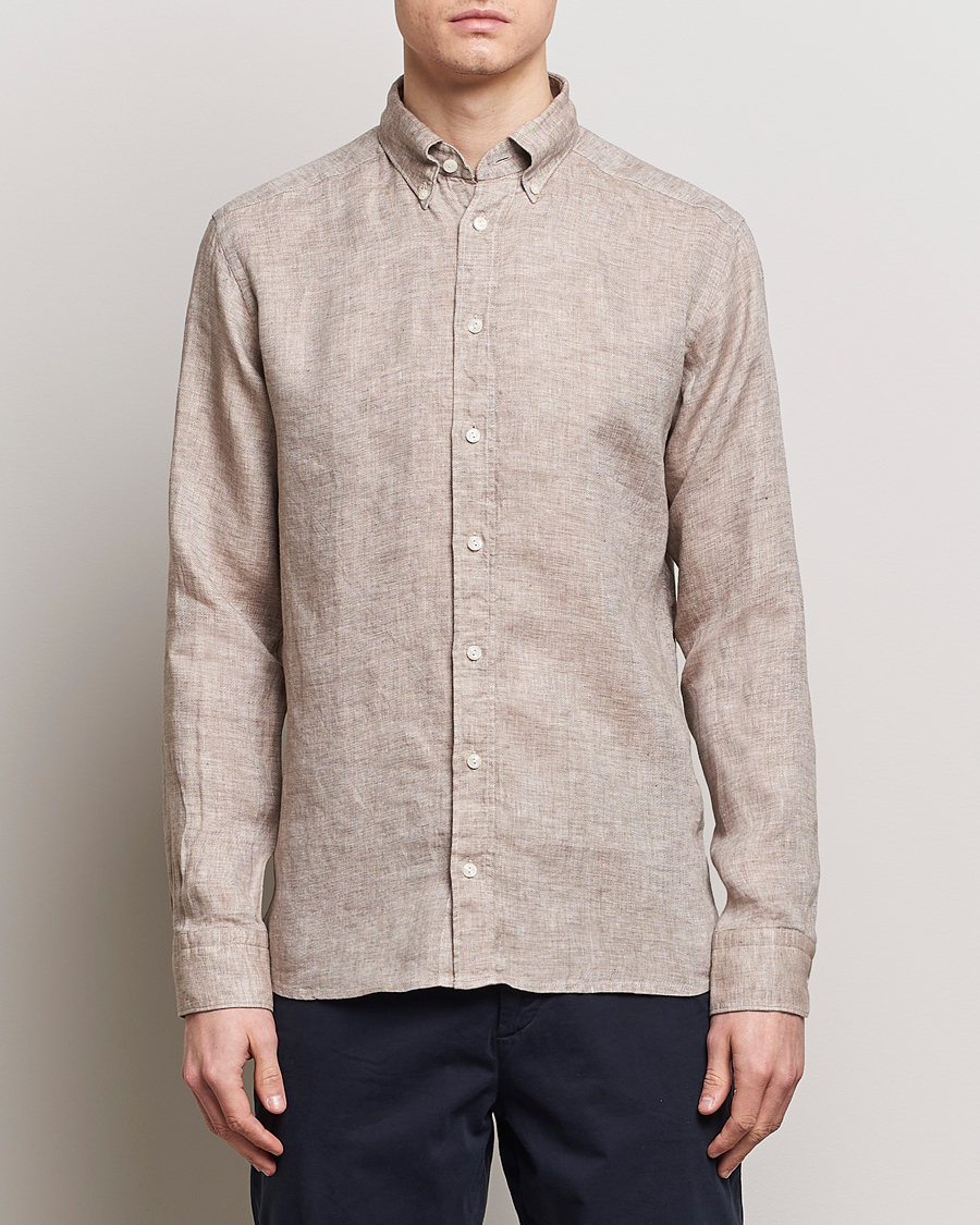 Men |  | Eton | Slim Fit Linen Button Down Shirt Brown