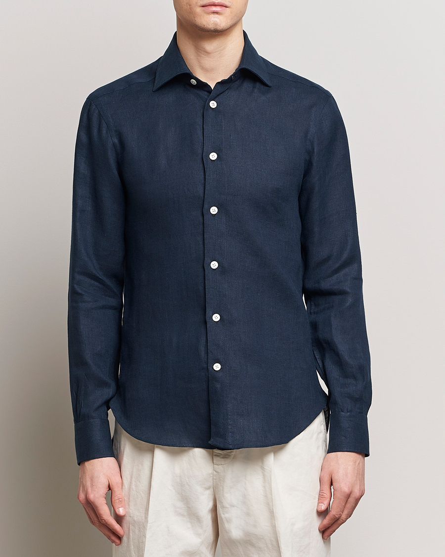 Men | Linen Shirts | Kiton | Linen Sport Shirt Navy