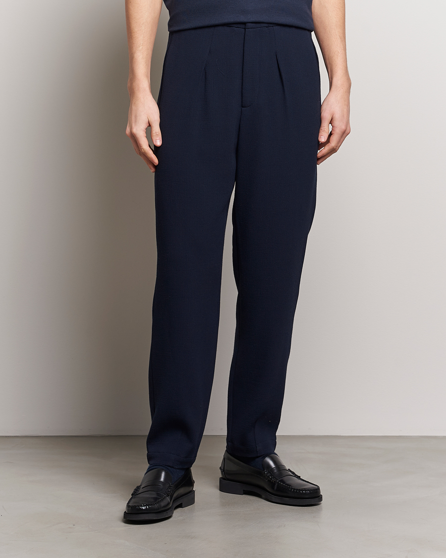 Men | Clothing | Giorgio Armani | Pleated Rib Wool Trousers Navy