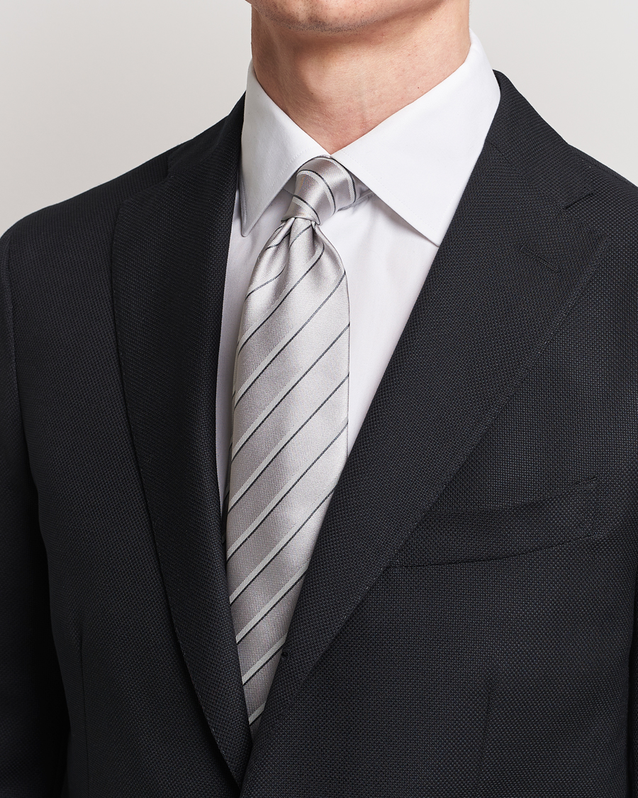 Men | Accessories | Giorgio Armani | Regimental Stripe Silk Tie Light Grey