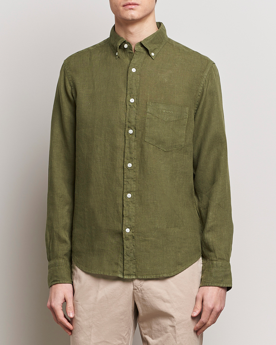 Herr | Lojalitetserbjudande | GANT | Regular Fit Garment Dyed Linen Shirt Juniper Green