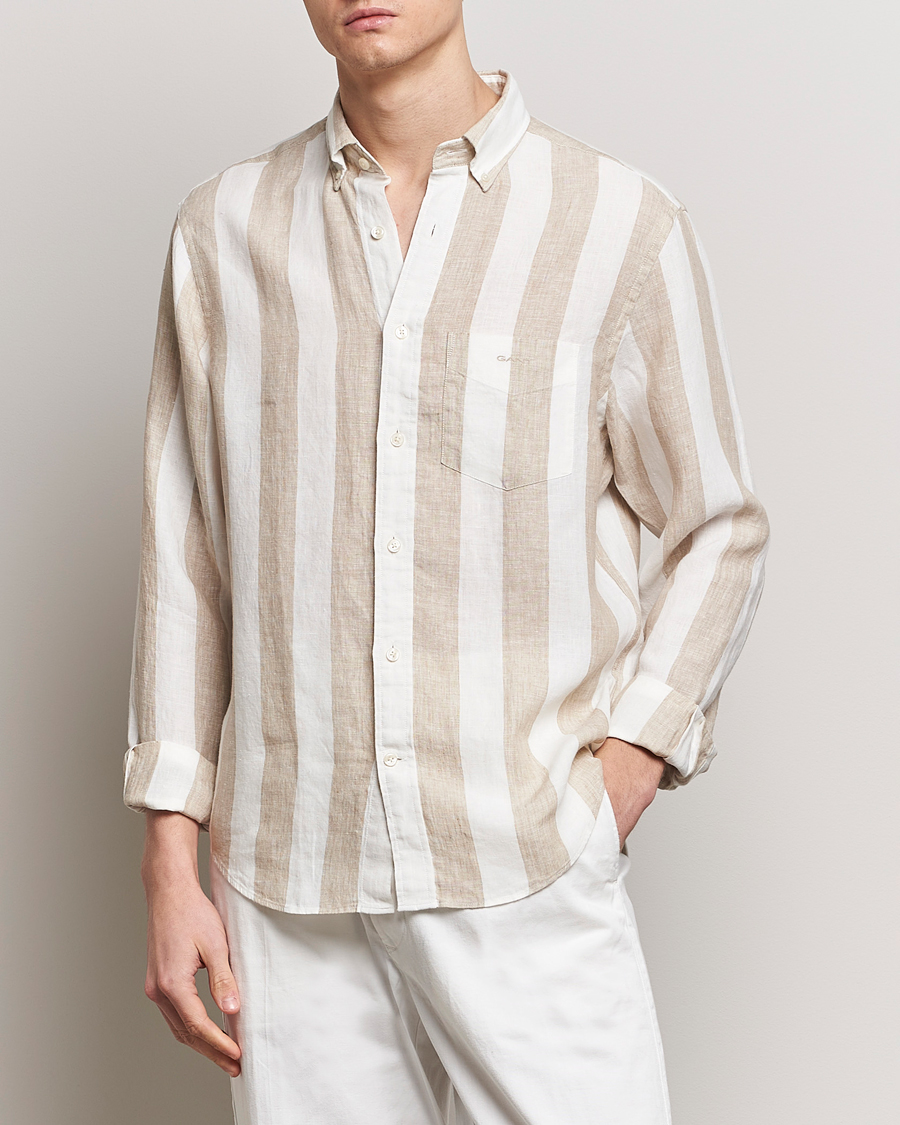 Men | Clothing | GANT | Regular Fit Bold Stripe Linen Shirt Beige/White