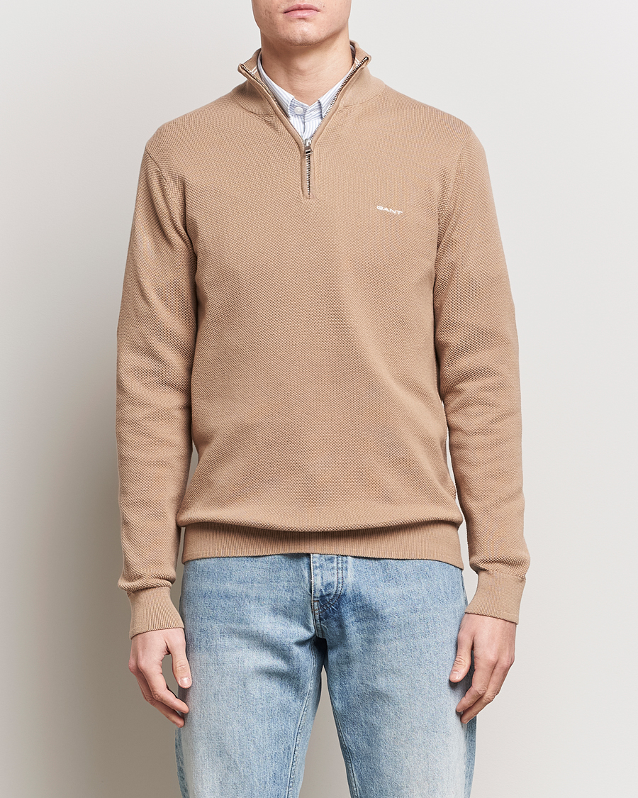 Herr | Lojalitetserbjudande | GANT | Cotton Pique Half-Zip Sweater Dark Khaki