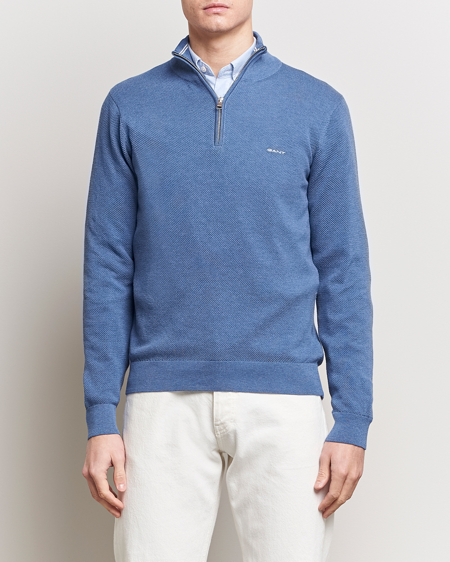 Herr | Tröjor | GANT | Cotton Pique Half-Zip Sweater Denim Blue Melange