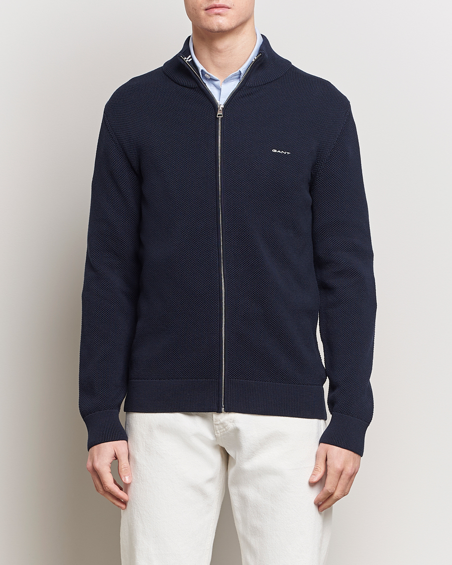 Herr | Kläder | GANT | Cotton Pique Full-Zip Sweater Evening Blue