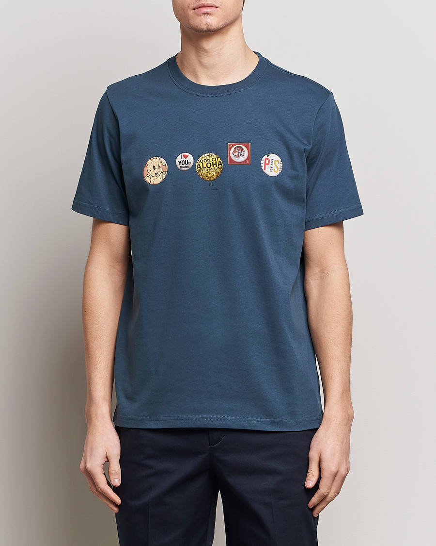 Men | Clothing | PS Paul Smith | Organic Cotton Badges Crew Neck T-Shirt Blue