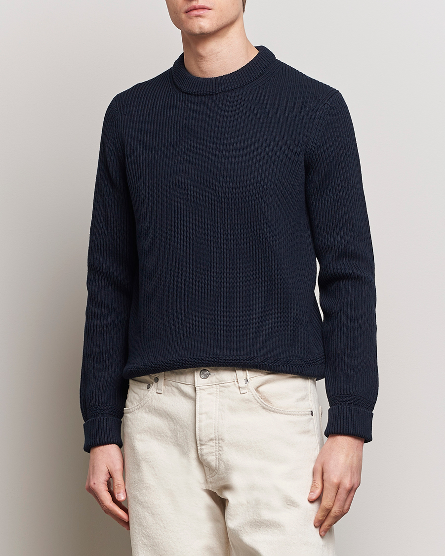 Men | Crew Neck Jumpers | Morris | Arthur Navy Cotton/Merino Knitted Sweater Navy
