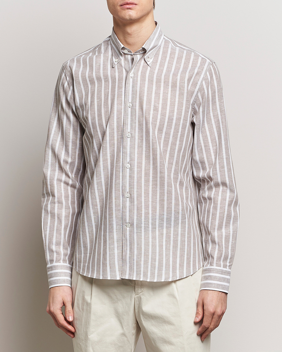 Men | Oscar Jacobson | Oscar Jacobson | Regular Fit Striped Linen Shirt Brown
