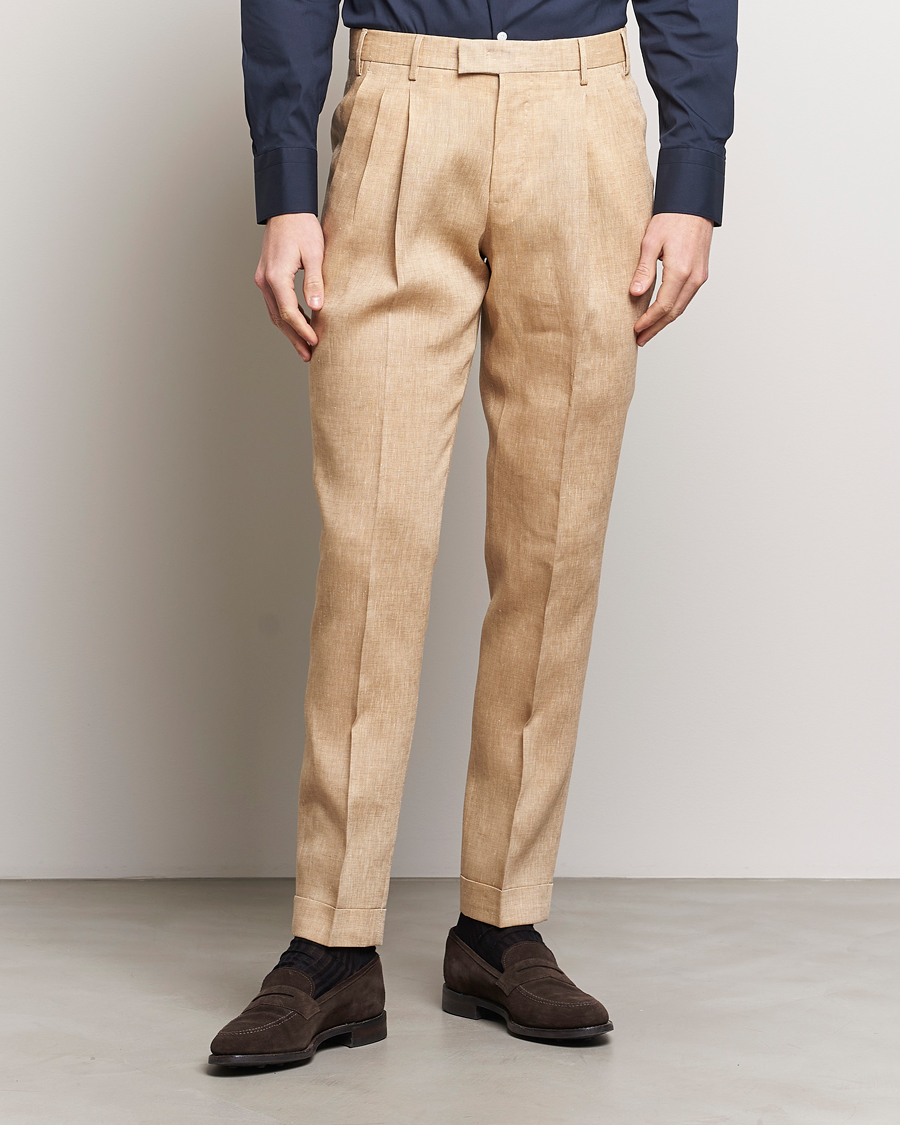 Men | PT01 | PT01 | Slim Fit Pleated Linen Trousers Light Beige