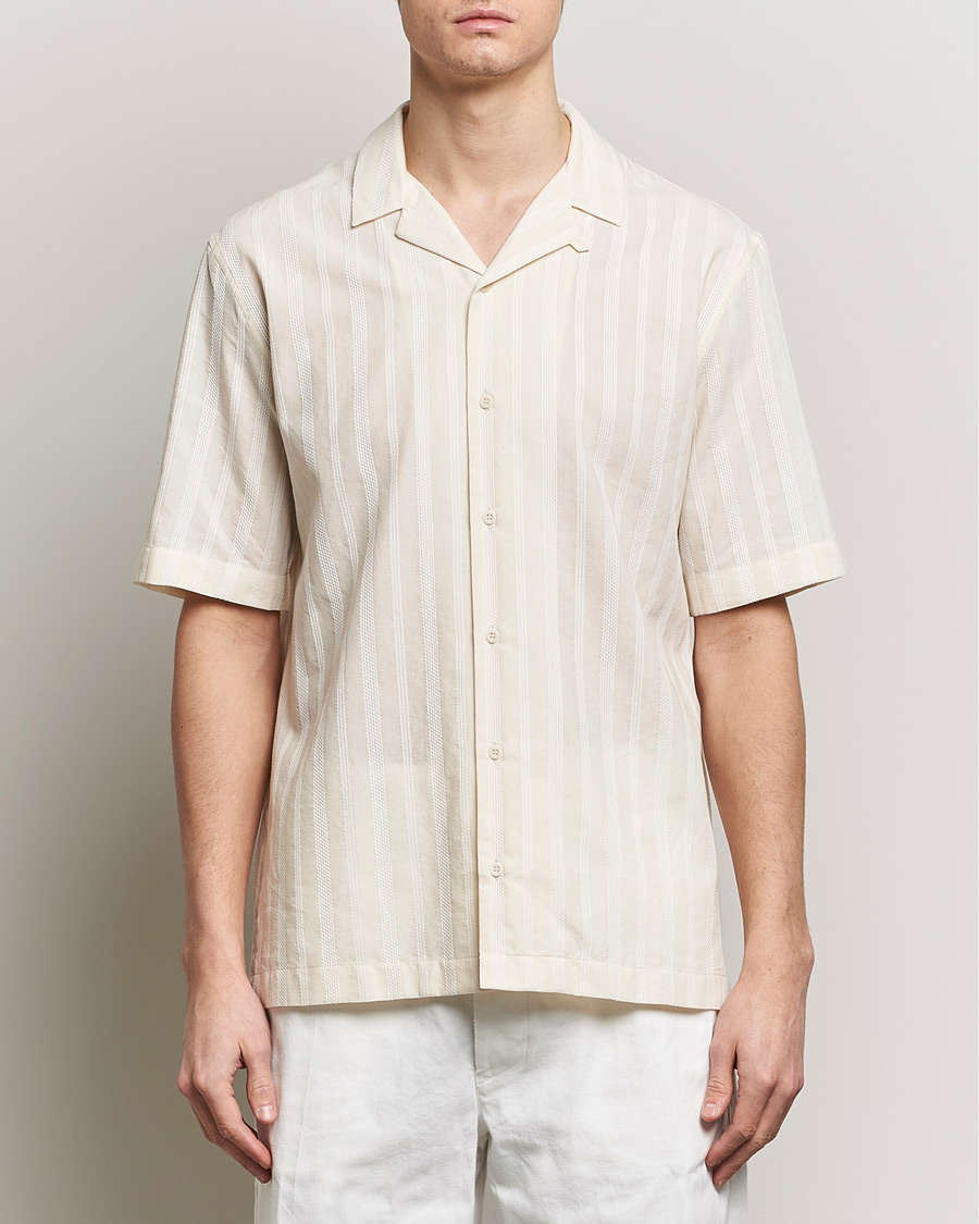 Men | Clothing | Sunspel | Embroidered Striped Short Sleeve Shirt Ecru