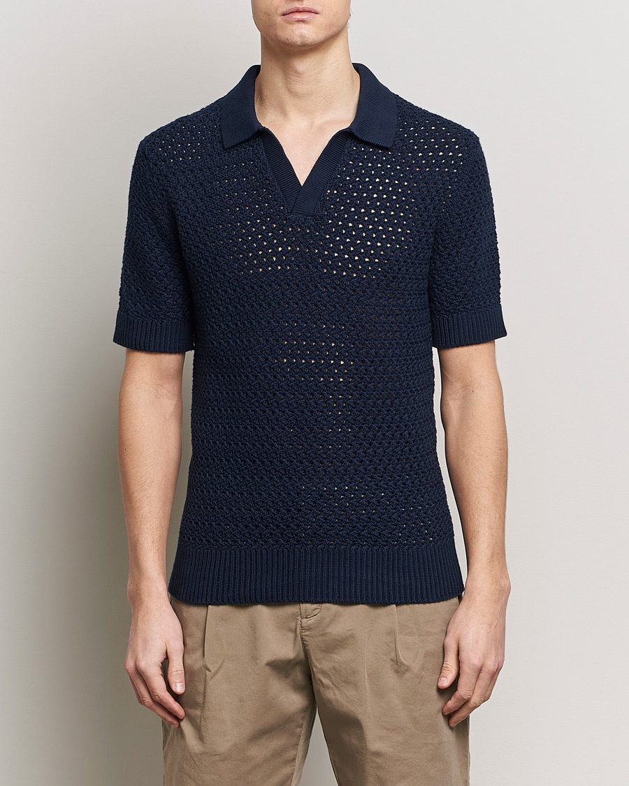 Men | Knitted Polo Shirts | Sunspel | Chunky Knit Polo Navy
