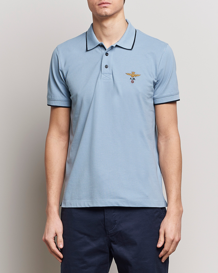 Men | Short Sleeve Polo Shirts | Aeronautica Militare | Garment Dyed Cotton Polo Glacier Blue