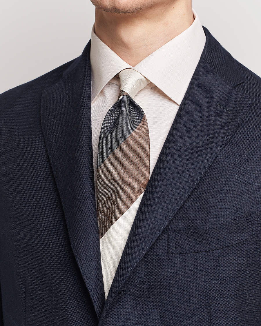 Homme | Cravates | Amanda Christensen | Silk Bouclé Block Striped 8cm Tie White/Blue/Brown