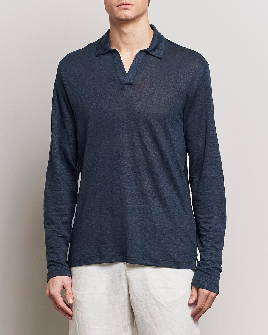 Men | Long Sleeve Polo Shirts | Gran Sasso | Washed Linen Long Sleeve Polo Navy