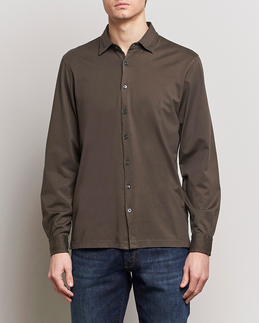 Men | Casual Shirts | Gran Sasso | Washed Cotton Jersey Shirt Dark Brown
