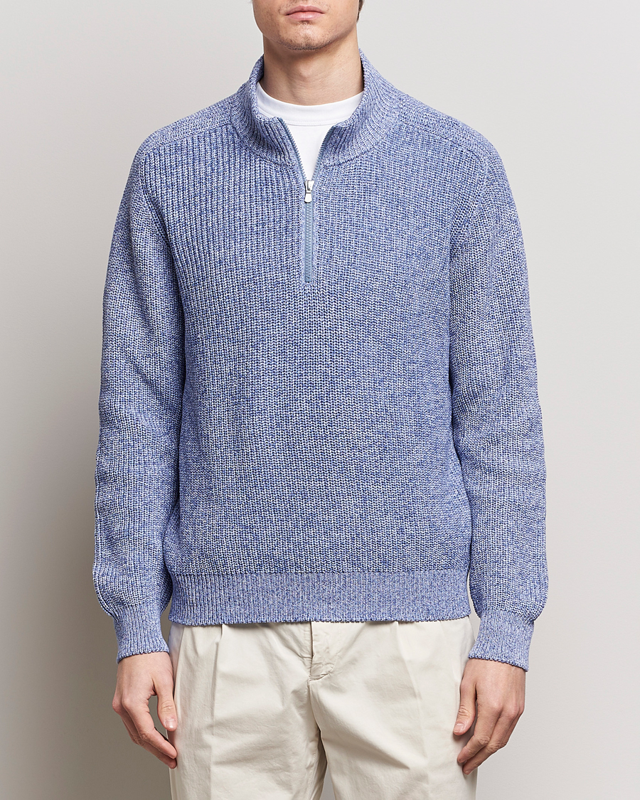 Men |  | Gran Sasso | Cotton Heavy Knitted Half Zip Blue Melange