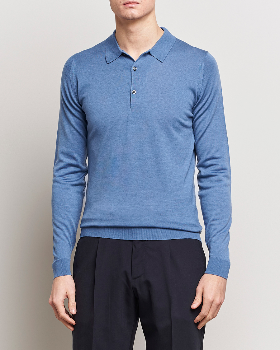Men | Knitted Polo Shirts | John Smedley | Belper Extra Fine Merino Polo Pullover Riviera Blue