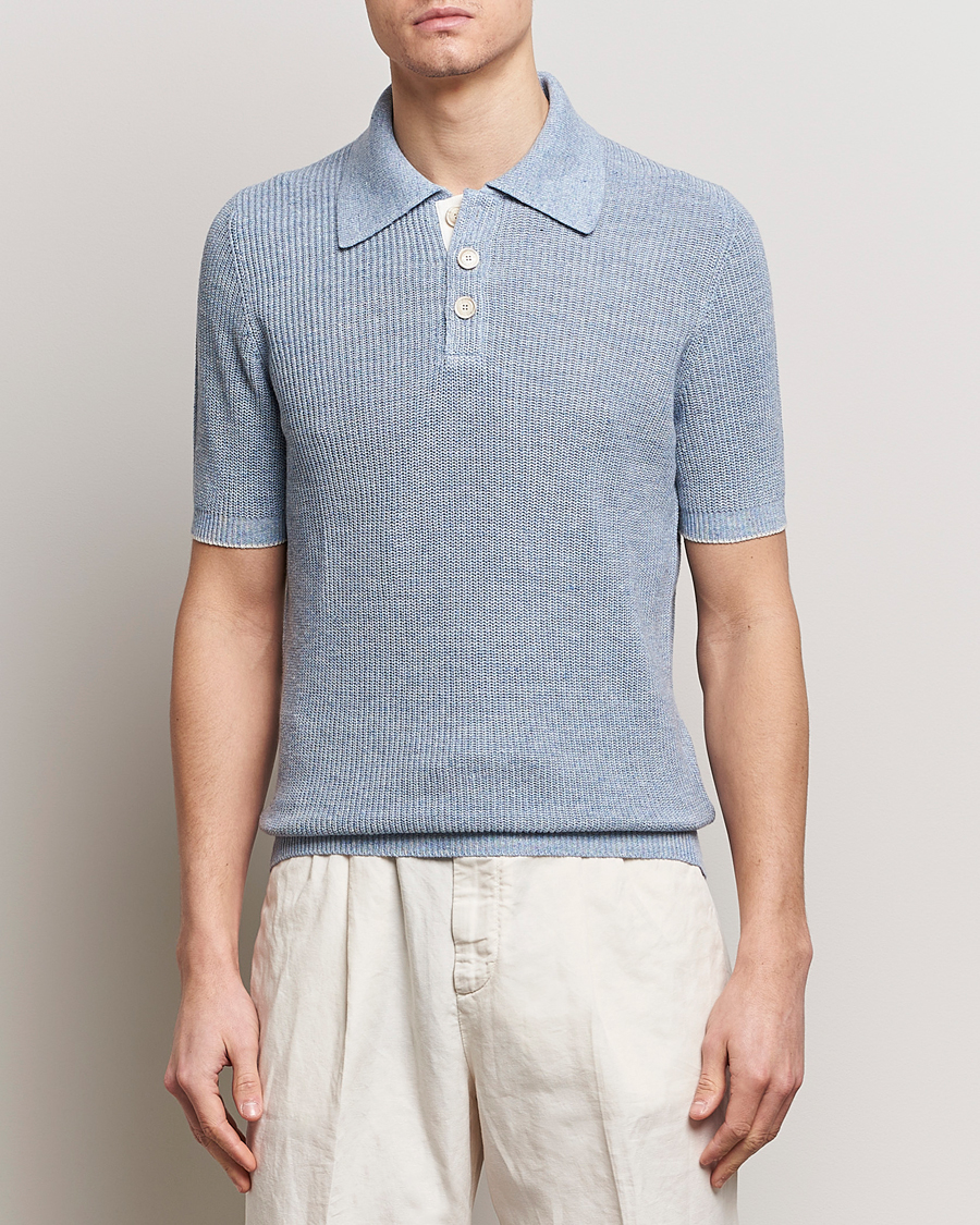 Men | Clothing | Brunello Cucinelli | Cotton/Linen Rib Knitted Polo Light Blue