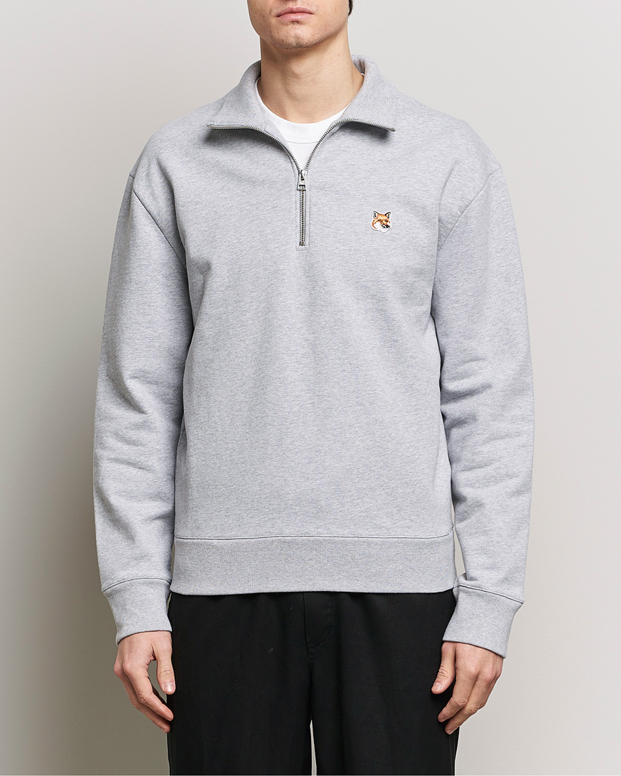 Men | Sweaters & Knitwear | Maison Kitsuné | Fox Head Half Zip Sweatshirt Light Grey Melange