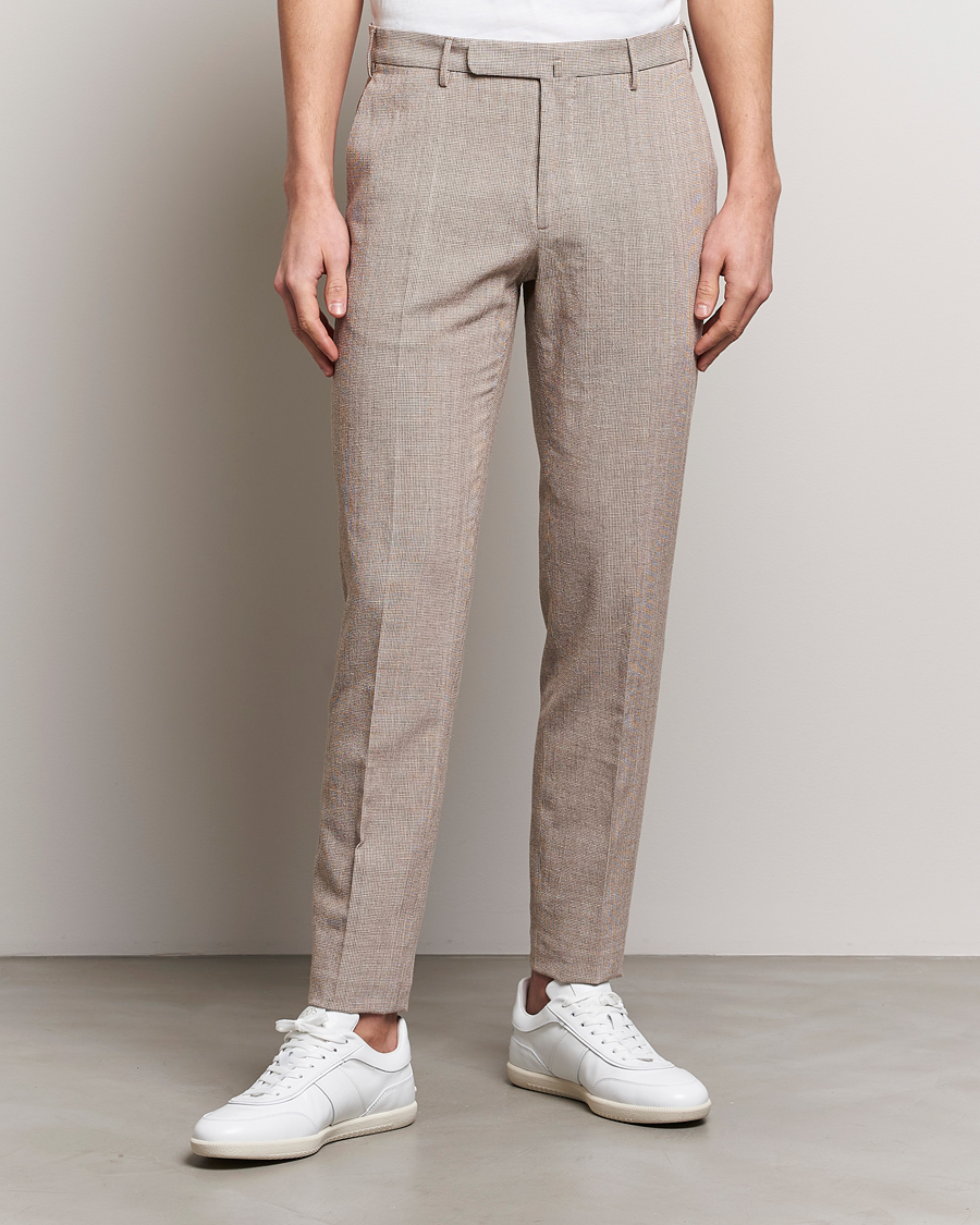 Men | Slowear | Incotex | Slim Fit Cotton/Linen Micro Houndstooth Trousers Beige