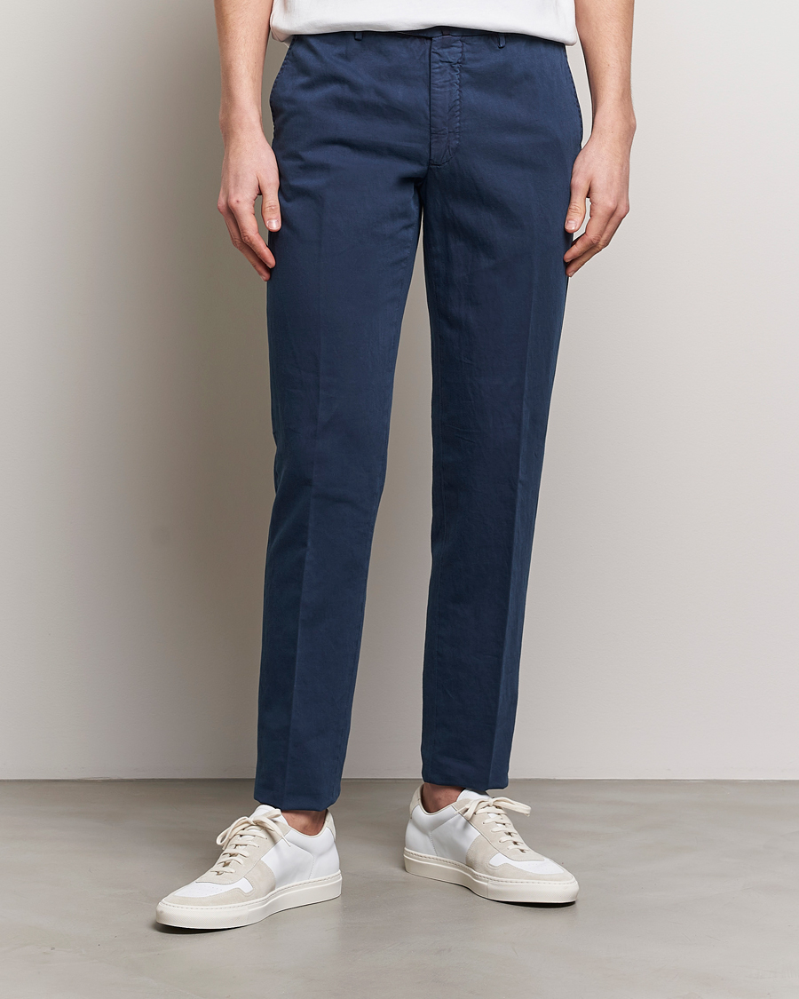 Men | Slowear | Incotex | Regular Fit Comfort Cotton/Linen Trousers Navy