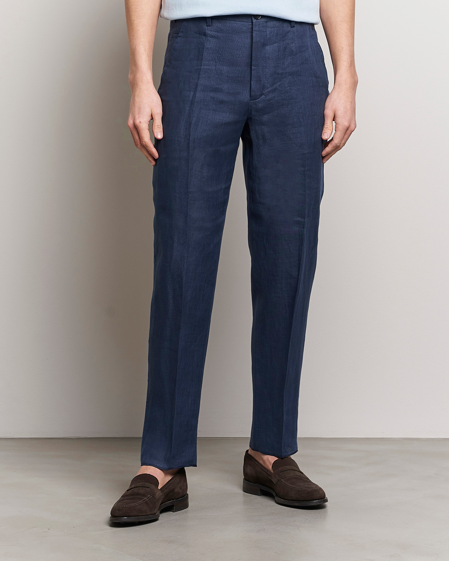 Men | Linen Trousers | Incotex | Straight Fit Pure Linen Trousers Navy
