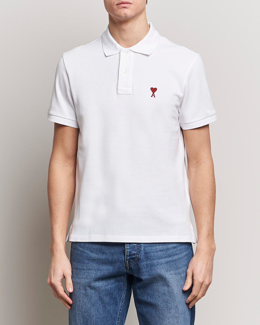 Men | Short Sleeve Polo Shirts | AMI | Heart Logo Piquet Polo White