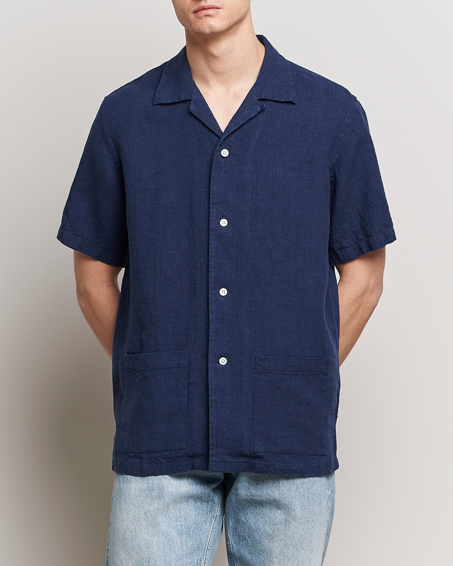 Men | Clothing | Kamakura Shirts | Vintage Ivy Heavy Linen Beach Shirt Navy