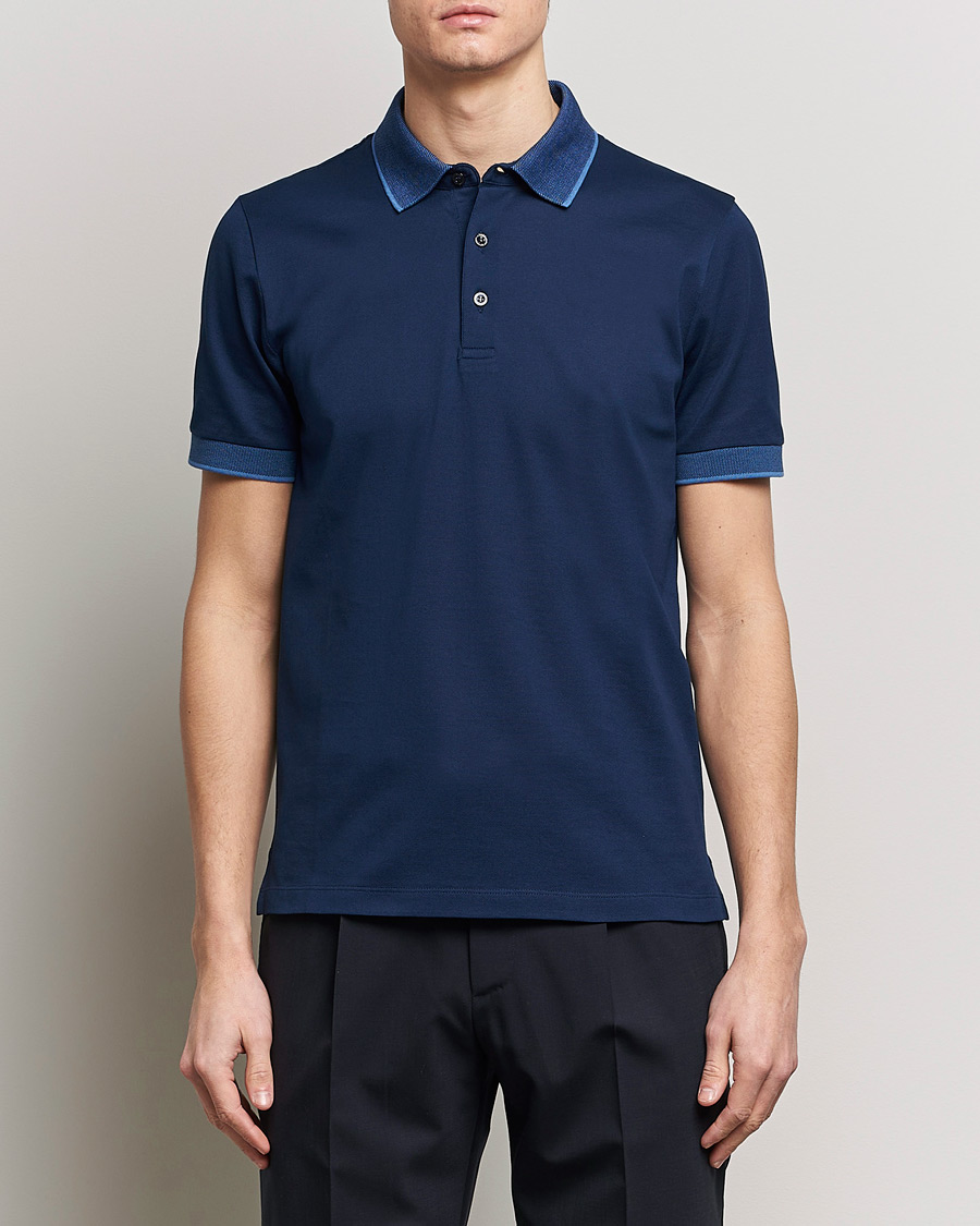 Herr |  | Canali | Contrast Collar Short Sleeve Polo Dark Blue