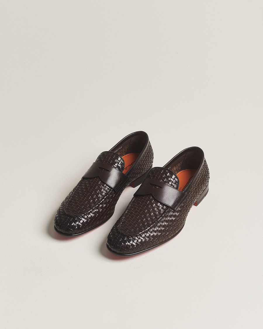 Men | Shoes | Santoni | Braided Penny Loafers Dark Brown Calf