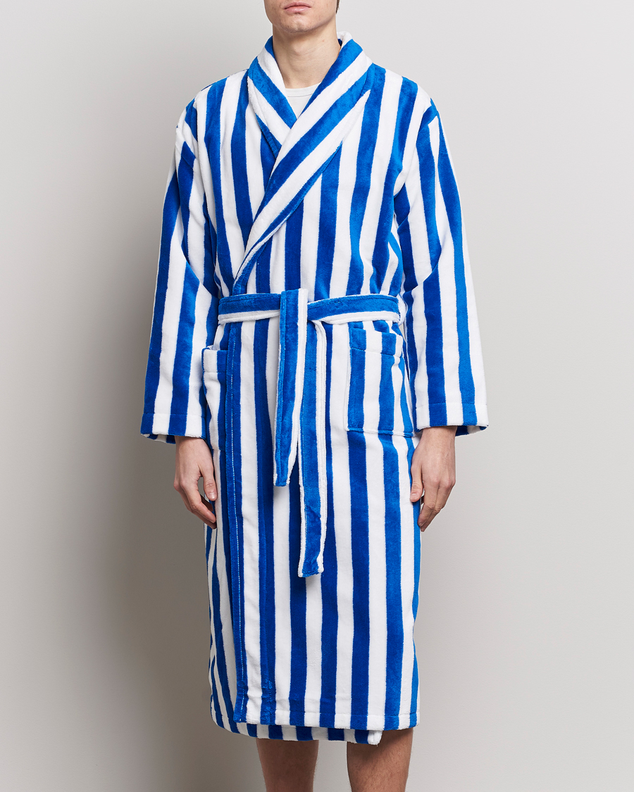 Men | Derek Rose | Derek Rose | Cotton Velour Striped Gown Blue/White