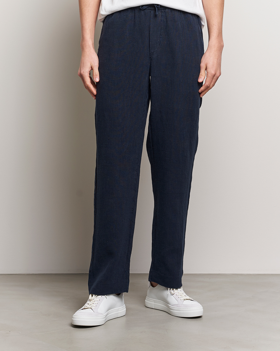 Men | Linen Trousers | A Day's March | Tamiat Drawstring Linen Trousers Navy
