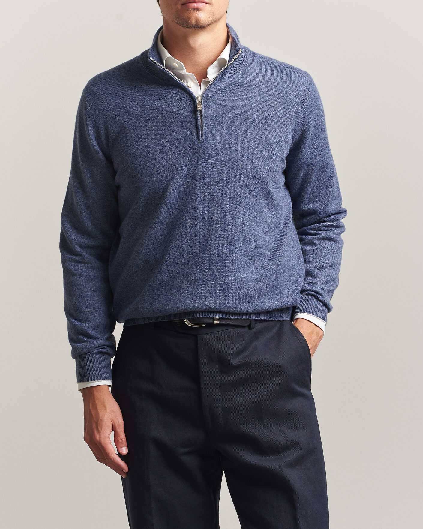 Men | Sweaters & Knitwear | Brunello Cucinelli | 2 Ply Cashmere Half Zip Denim Blue