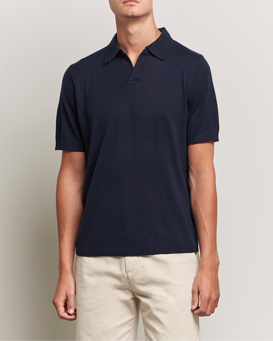 Men | Short Sleeve Polo Shirts | A Day\'s March | Ebro Cotton/Merino Open Collar Polo Navy