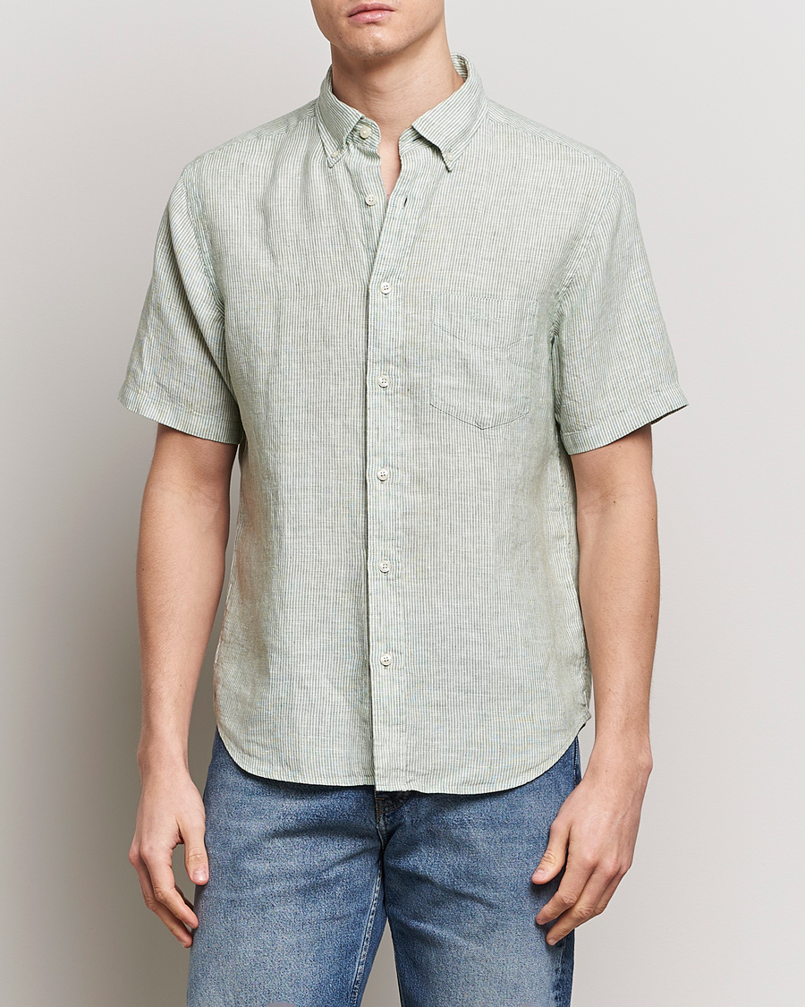 Men | Clothing | GANT | Regular Fit Striped Linen Short Sleeve Shirt Green/White