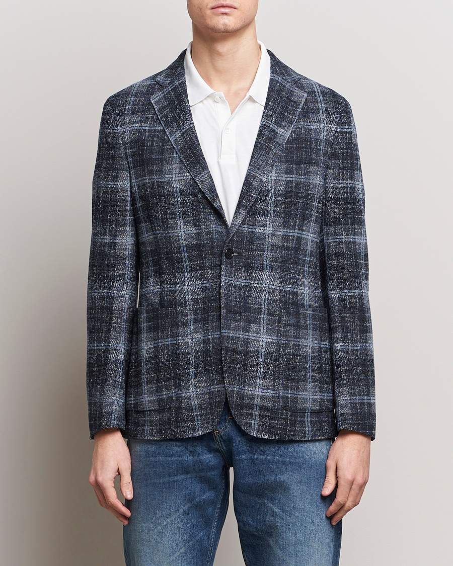 Men | Cotton Blazers | BOSS BLACK | Hanry Checked Jersey Blazer Dark Blue