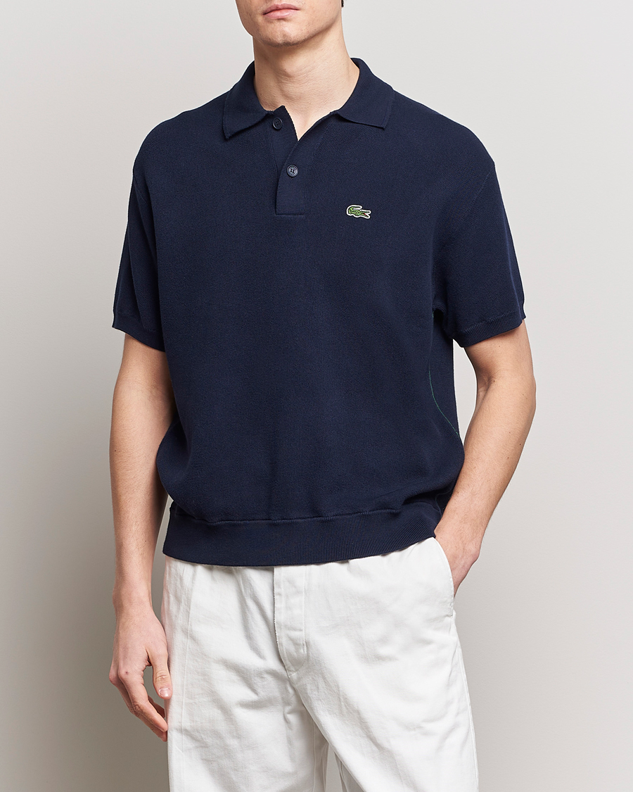 Men | Short Sleeve Polo Shirts | Lacoste | Relaxed Fit Moss Stitched Knitted Polo Navy