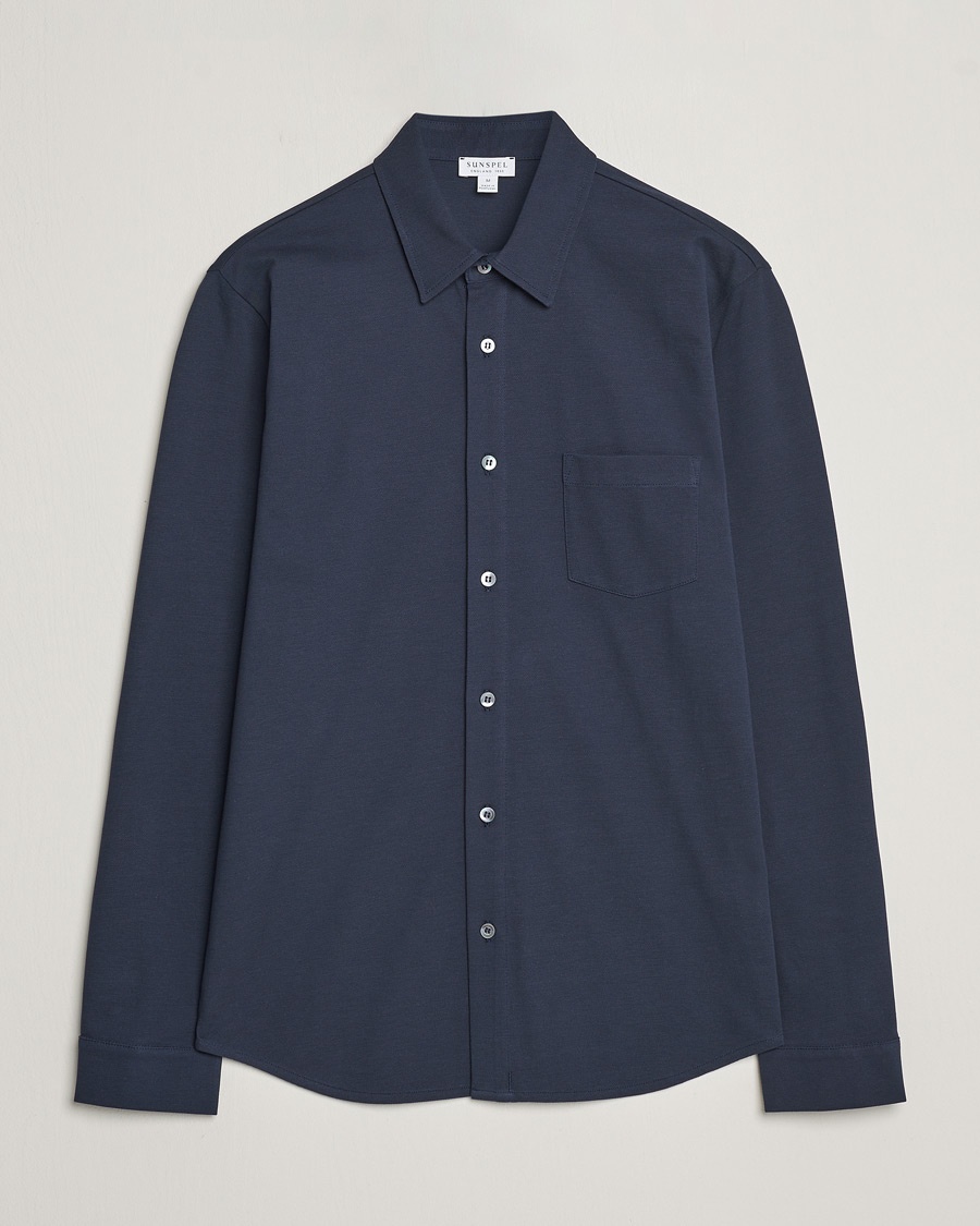 Sunspel Long Sleeve Button Down Pique Shirt Navy – Blue