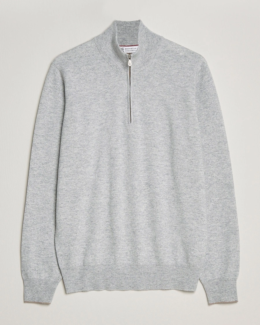 Brunello Cucinelli 2 Ply Cashmere Half Zip Light Grey – Grey