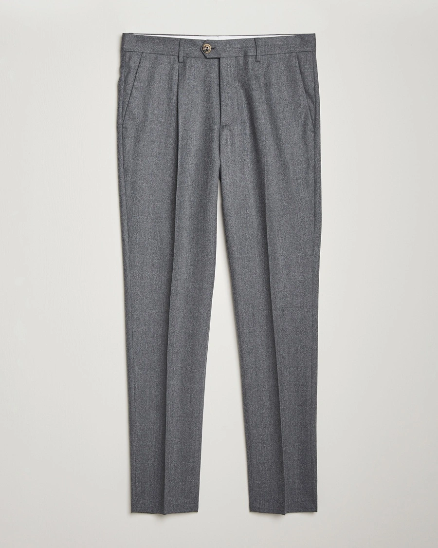 Brunello Cucinelli Slim Fit Pleated Flannel Trousers Grey Melange – Grey