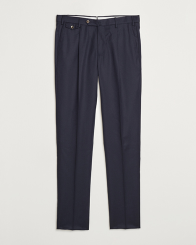 Men's pleated mood indigo blue pure wool flannel store trousers with side adjusters.