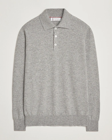 Brunello Cucinelli 2 Ply Cashmere Long Sleeve Polo Grey Melange – Grey
