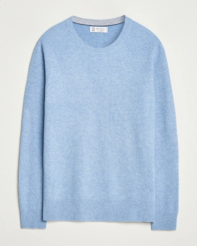 Brunello Cucinelli Cashmere Rib Crew Neck Sweater Light Blue – Blue