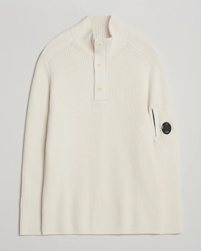 C.P. Company Full Rib Knitted Cotton Half Button White – White
