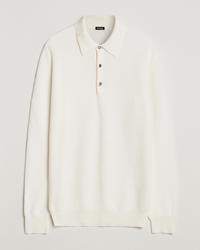 Kiton Cashmere Rib Long Sleeve Polo Light Beige – White