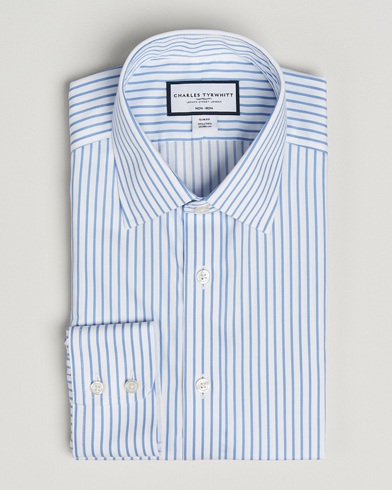 Charles Tyrwhitt Slim Fit Non Iron Striped Twill Cut Away Shirt White/Sky – White
