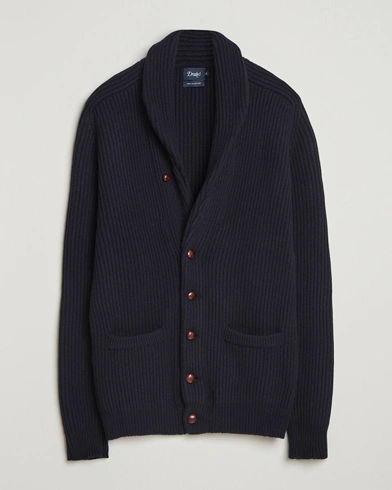 Drake's Lambswool Shawl Collar Rib Cardigan Navy – Blue