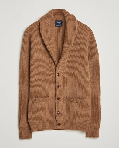 Drake's Lambswool Shawl Collar Rib Cardigan Brown – Beige