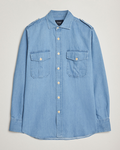 Drake's Denim Epaulette Shirt Blue – Blue