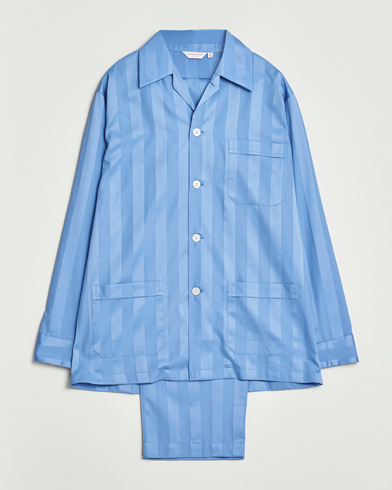 Derek Rose Striped Cotton Satin Pyjama Set French Blue – Blue